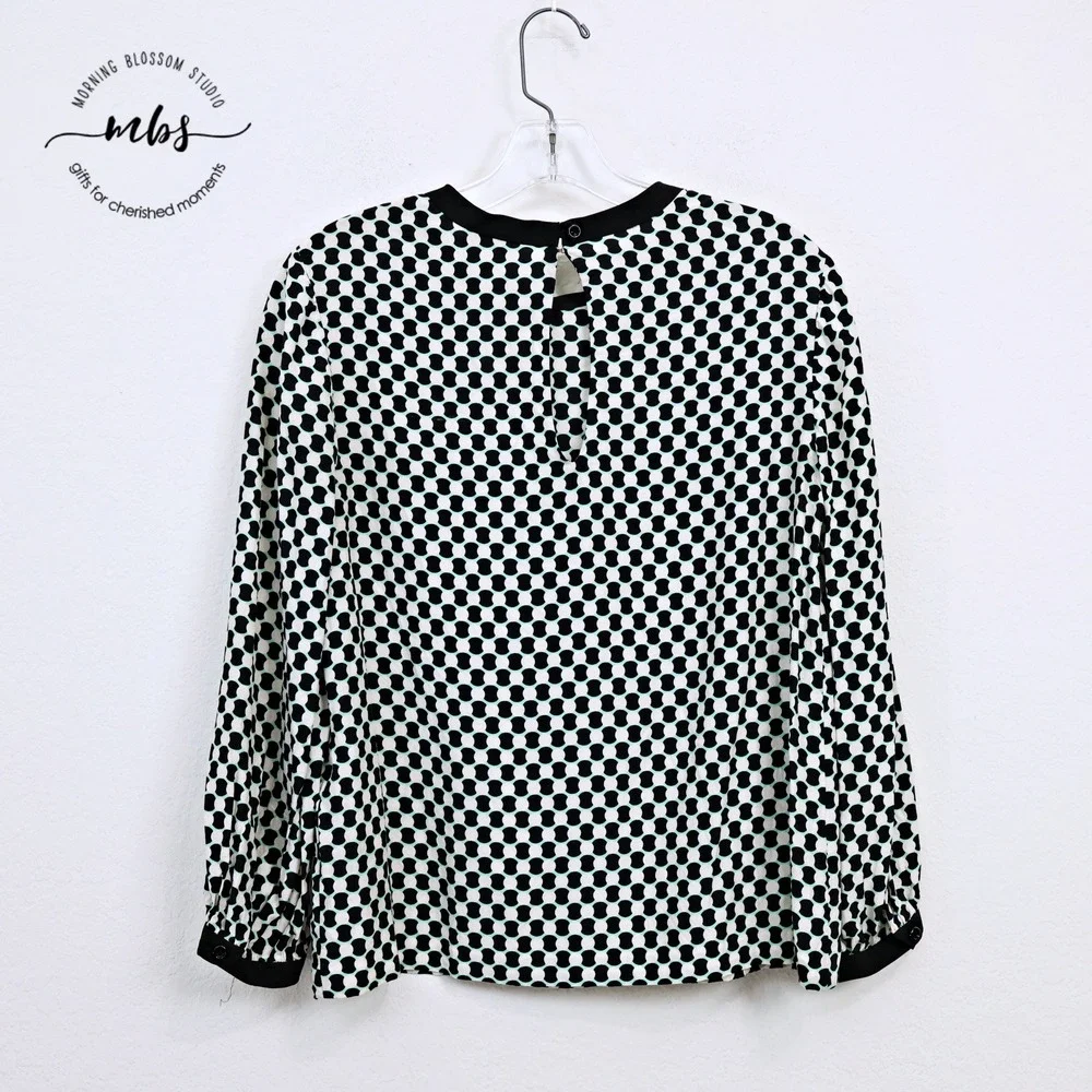 Kate Spade Geometric Dot‎ Bow Neck Silk Blend Blouse Black White Green Women S
